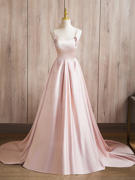 A-Line Satin Pink Long Prom Dress Pink Long Formal Dress