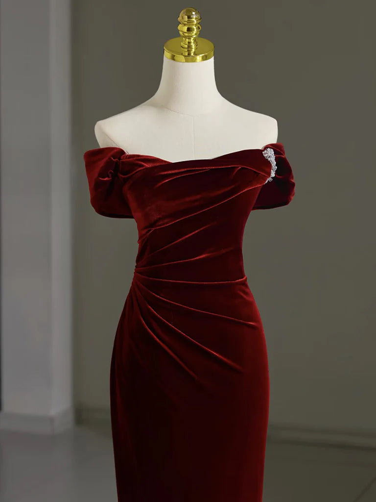 Off Shoulder Velvet Burgundy Long Evening Dresses Mermaid Long Formal Dress
