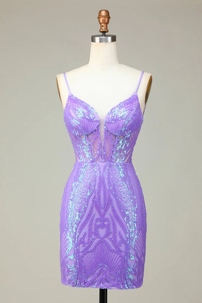 Stylish Lilac Bodycon Sequins Corset Homecoming Dress