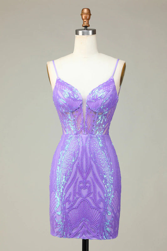 Stylish Lilac Bodycon Sequins Corset Homecoming Dress