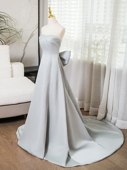 A-Line Sweetheart Neck Satin Gray Long Evening Dresses Gray Long Formal Dress