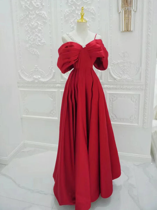 A-Line Off Shoulder Satin Red Long Prom Dress Red Long Formal Evening Dress