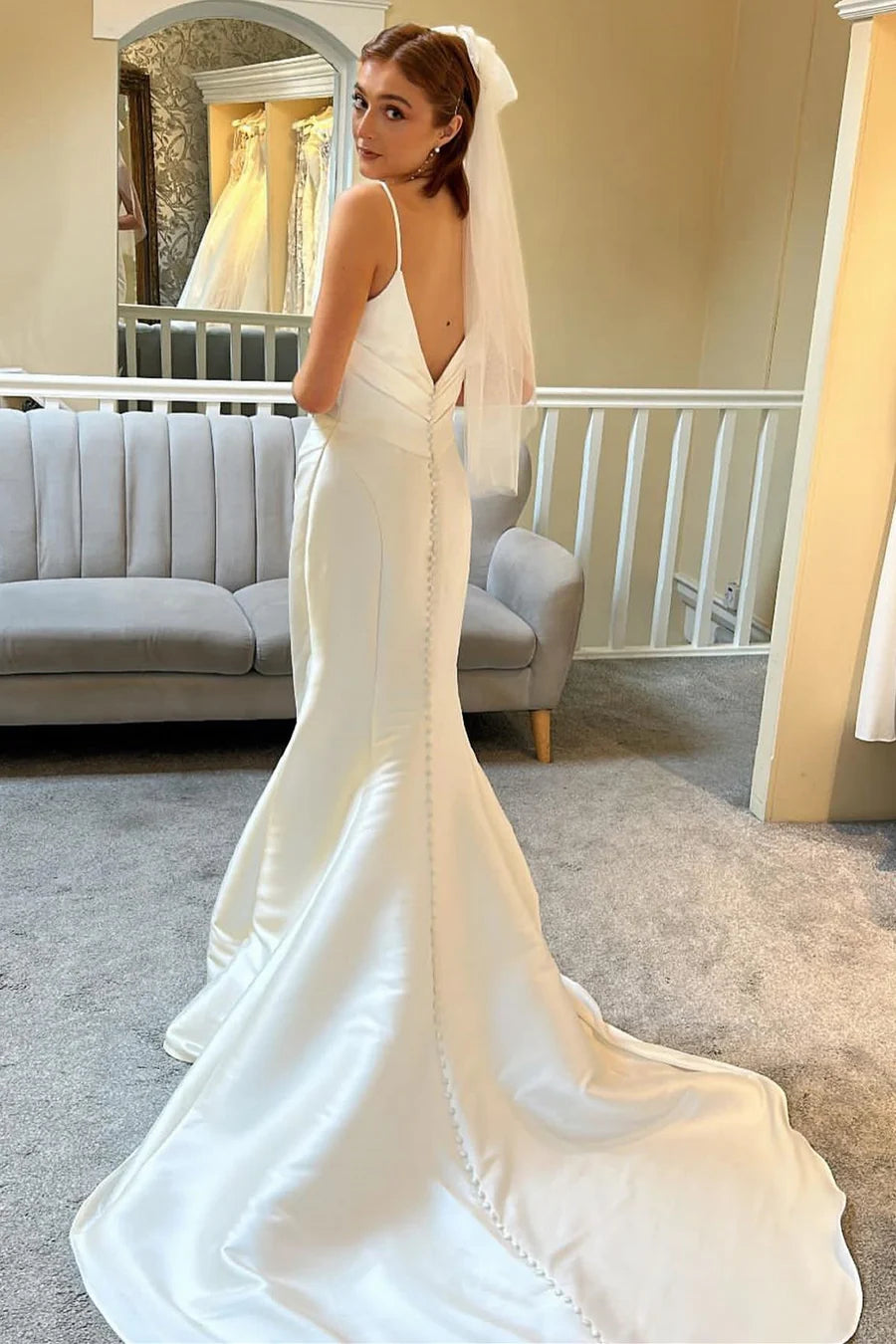 Spaghetti Strap Backless Trumpet Long Wedding Dress
