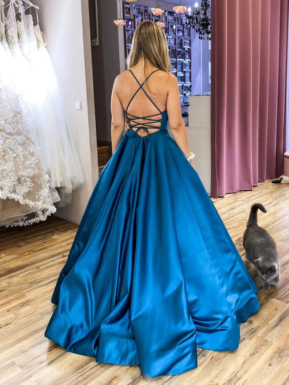 Simple blue satin backless long prom dress blue  prom dress