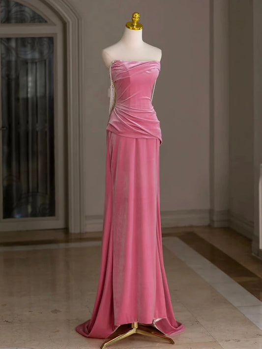 Pink Mermaid Velvet Beads Long Evening Dresses Pink Long Formal Dress