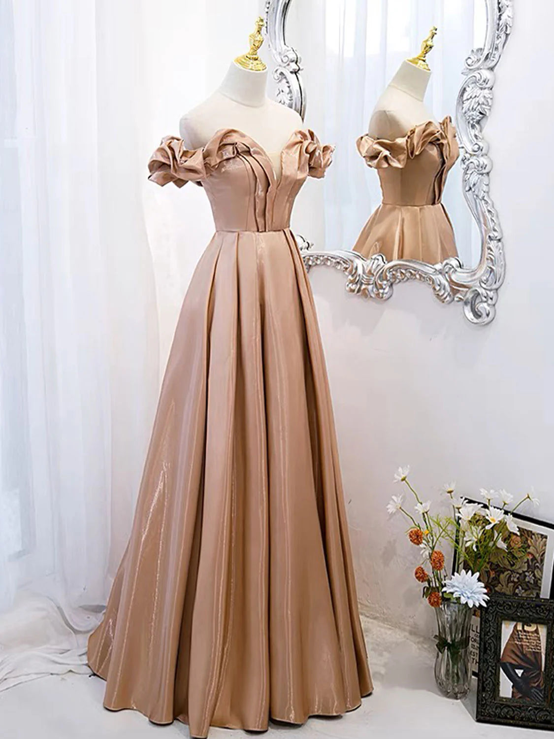 A-Line Off Shoulder Satin Champagne Long Prom Dress Champagne Formal EveningDress