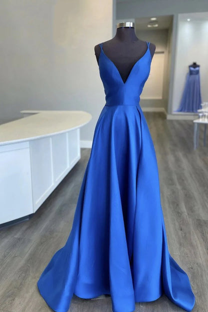 Blue V Neck Satin Long Prom Dress Blue Evening Dress