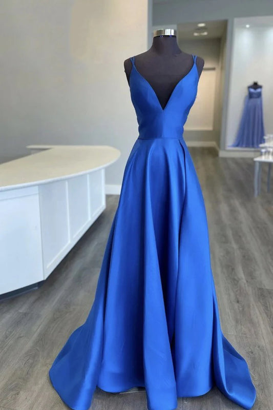 Blue V Neck Satin Long Prom Dress Blue Evening Dress