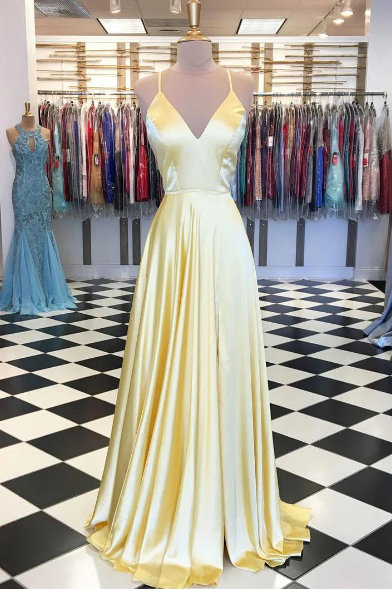 Simple yellow satin long prom dress yellow prom dress