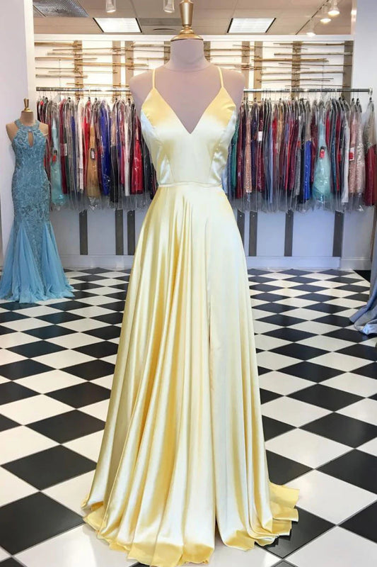 Simple yellow satin long prom dress yellow prom dress