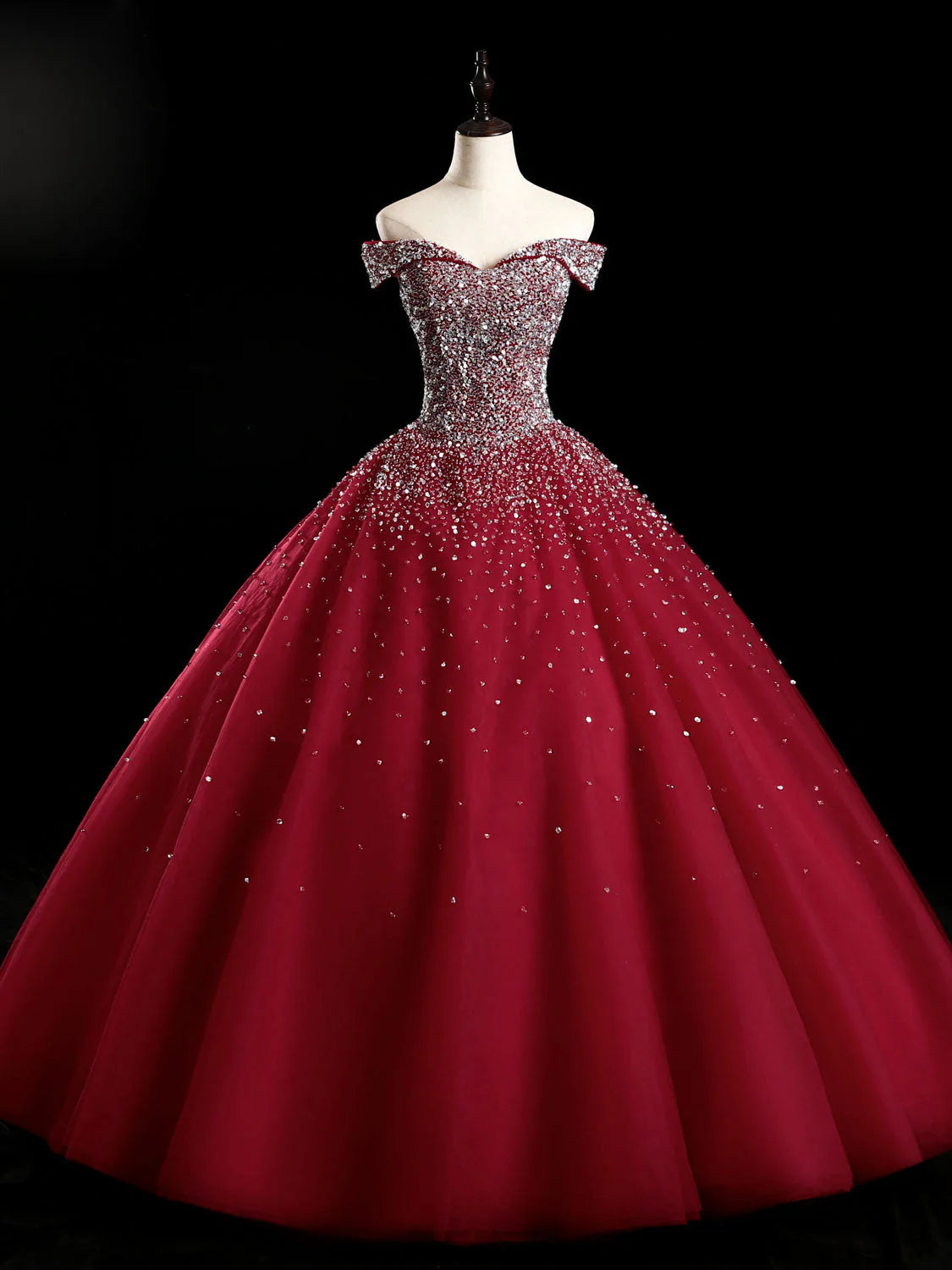 Sparkling and sexy off the shoulder ball dress, a fluffy sheer dress
