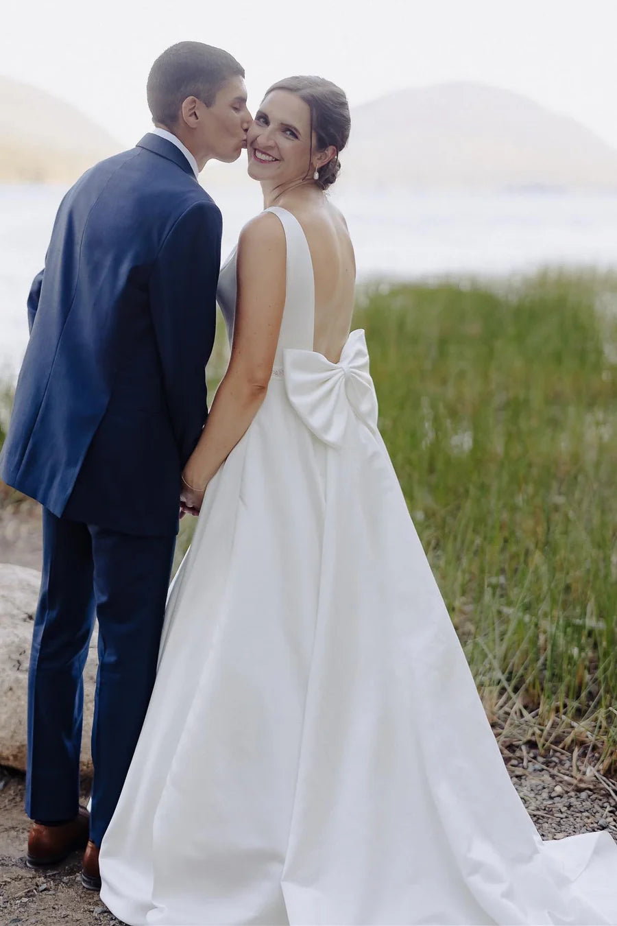 Satin Bateau Beaded Wedding Dress with Bow