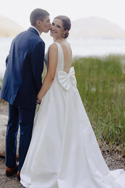 Satin Bateau Beaded Wedding Dress with Bow