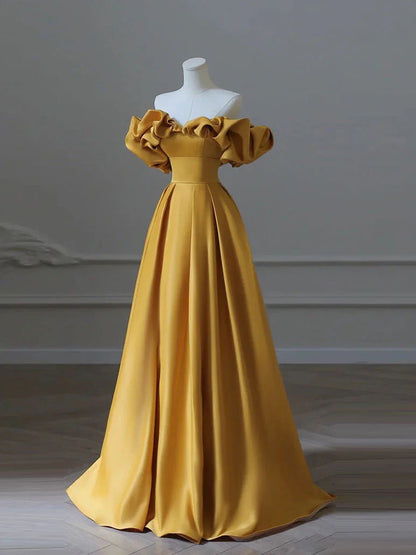 Yellow A-Line Satin Long Prom Dresses Yellow Long Evening Dress
