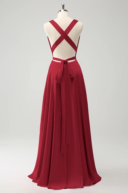 A Line Deep V Neck Backless Long Bridesmaid Dress with Slit