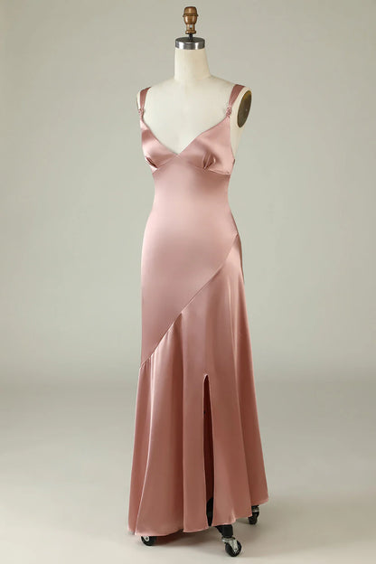 Asymmetrical Spaghetti Straps Bridesmaid Dress with Slit