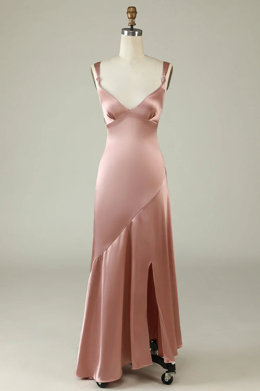 Asymmetrical Spaghetti Straps Bridesmaid Dress with Slit