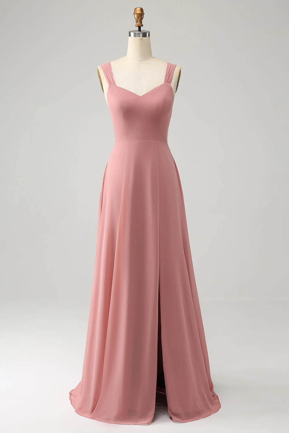 A Line Spaghetti Straps Pleated Long Bridesmaid Dress with Slit