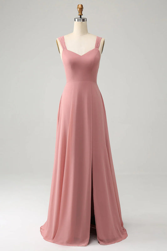 A Line Spaghetti Straps Pleated Long Bridesmaid Dress with Slit