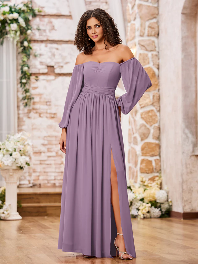OKBBN off shoulder long sleeved chiffon split bridesmaid dress