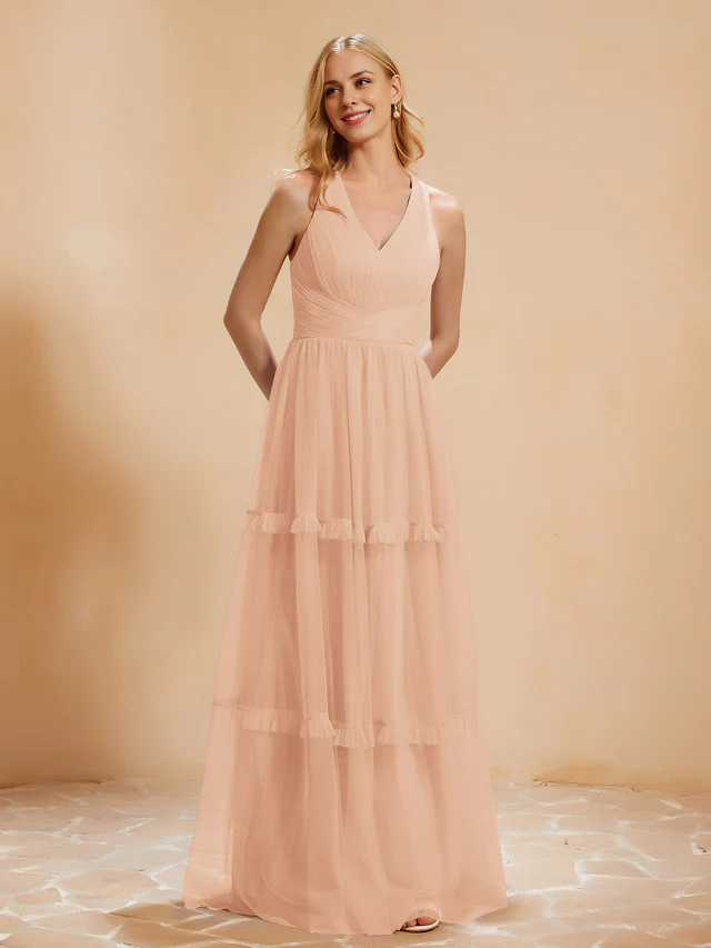 OKBBN V-neck pleated ruffle and ground chiffon bridesmaid dress