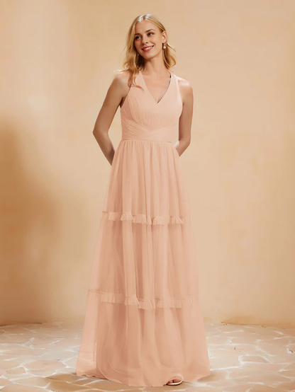 OKBBN V-neck pleated ruffle and ground chiffon bridesmaid dress
