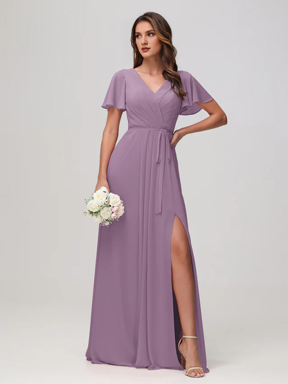 OKBBN pleated chiffon bridesmaid dress with flowing sleeves