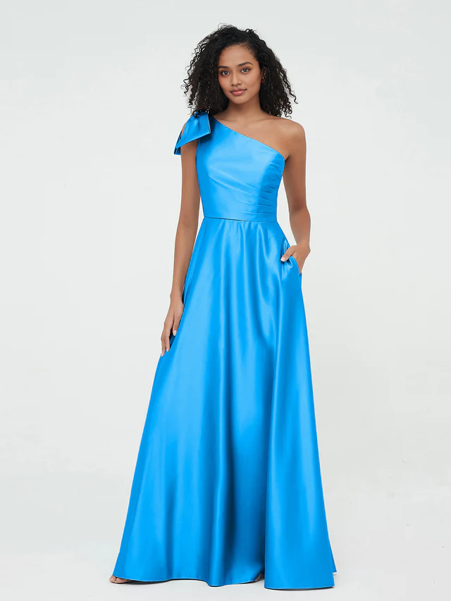 OKBBN One Shoulder Long Satin Sleeveless Bridesmaid Dress