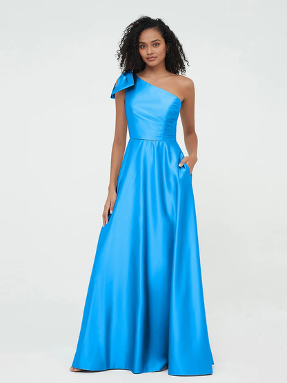 OKBBN One Shoulder Long Satin Sleeveless Bridesmaid Dress