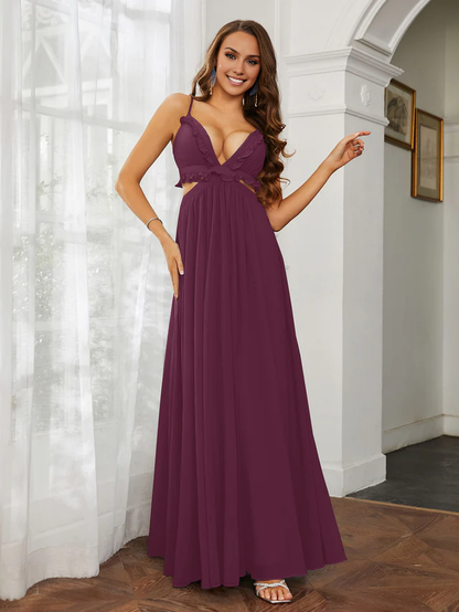 OKBBN thin shoulder strap ruffle edge chiffon hollow out ultra long sexy bridesmaid dress