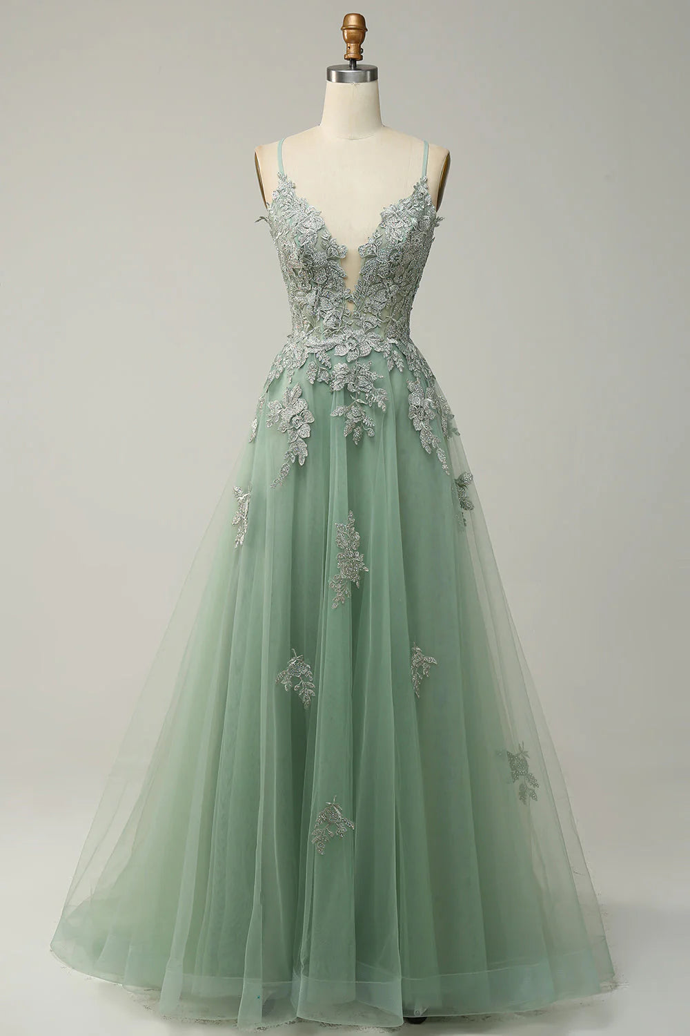 OKBBN Elegant A-line Thin Shoulder Strap Long Embroidered Ball Dress