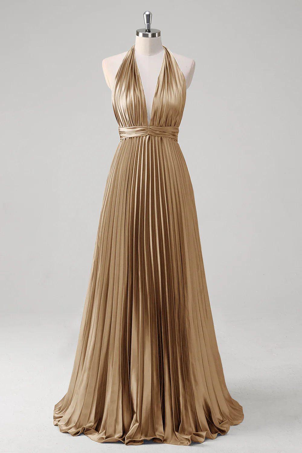 OKBBN satin A-line hanging neck pleated backless long evening gown