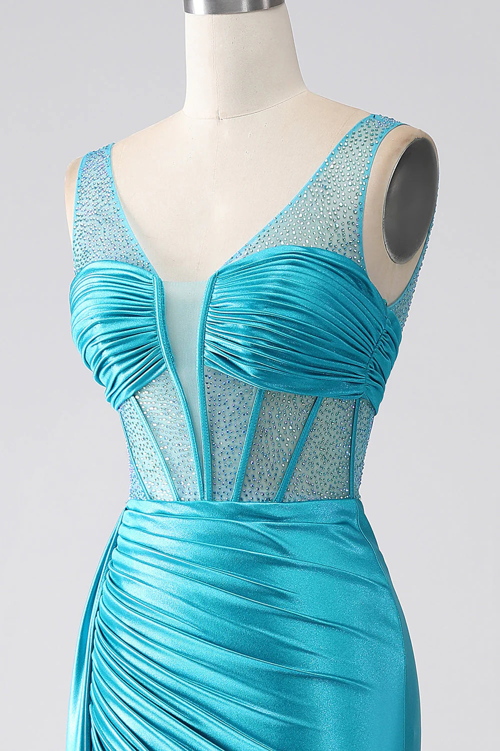 OKBBN mermaid V-neck trailing pleated tight corset bead long ball dress