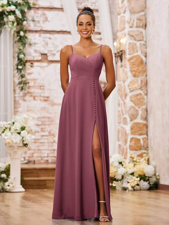 heart-shaped collar with thin shoulder straps chiffon bridesmaid dress