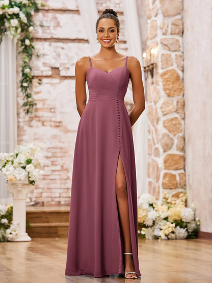 heart-shaped collar with thin shoulder straps chiffon bridesmaid dress