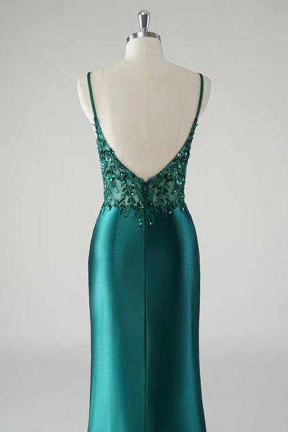 OKBBN Elegant Fine Strap Floral Satin Split Evening Dress