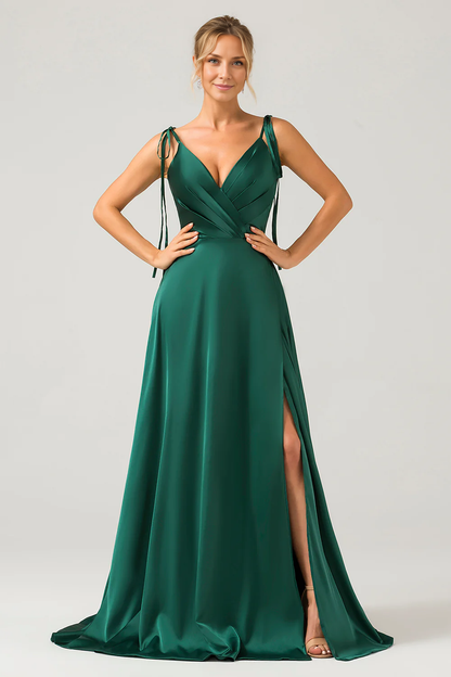 OKBBN A-line thin shoulder strap pleated slit long bridesmaid dress