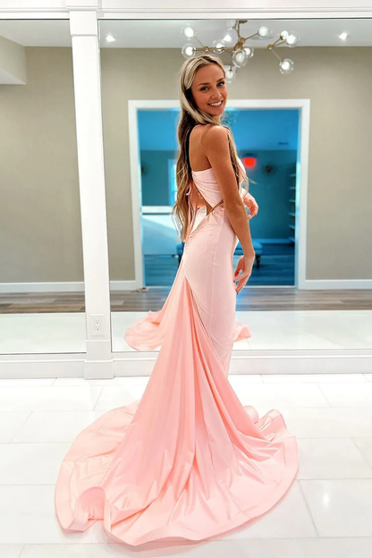 OKBBN Mermaid V-neck Satin Long Ball Dress