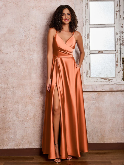 OKBBN V-neck slim shoulder strap satin sleeveless split bridesmaid dress