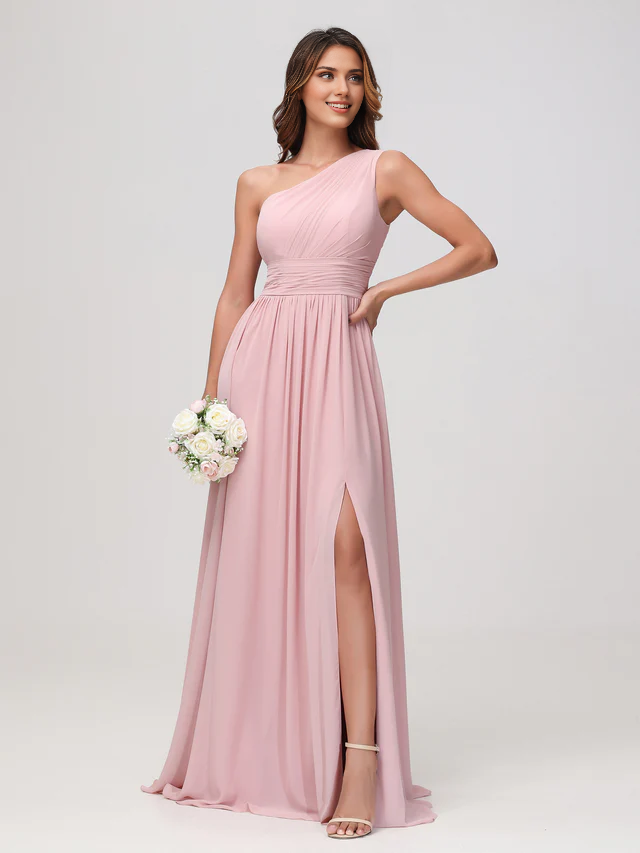 OKBBN One Shoulder Sleeveless Chiffon A-line Bridesmaid Dress