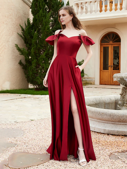 OKBBN Elegant Off Shoulder Satin Bridesmaid Dress