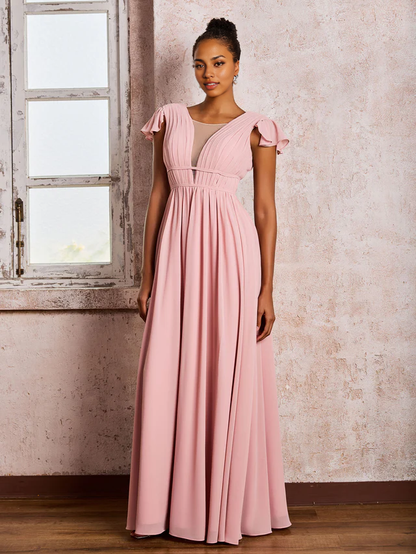 OKBBN deep V-neck pleated A-line bridesmaid dress with floating sleeves