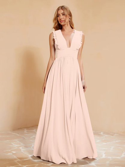 OKBBN deep V-neck ruffled pleated bridesmaid dress