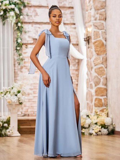 OKBBN Double Bow Shoulder Strap Square Neck Chiffon Split Bridesmaid Dress