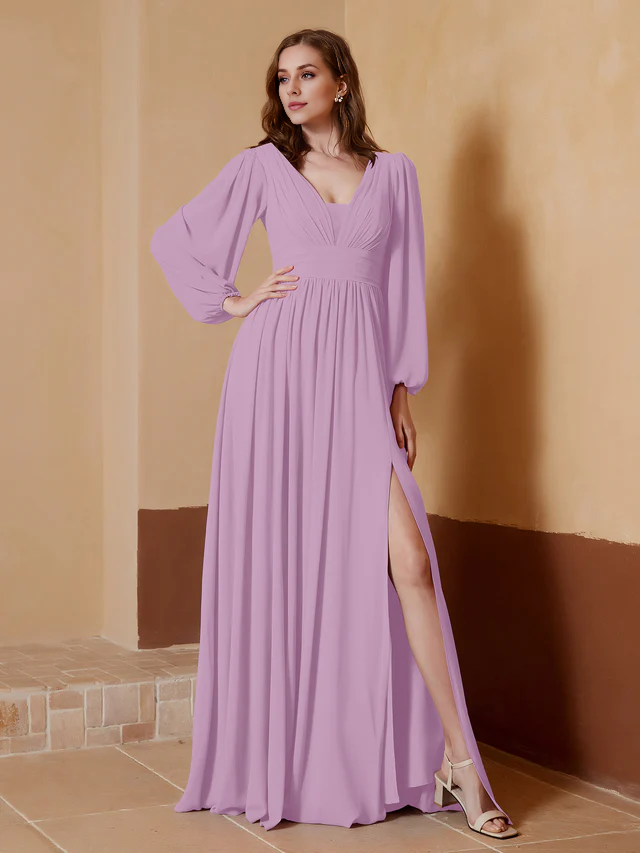 OKBBN deep V-neck and floor split bridesmaid dress