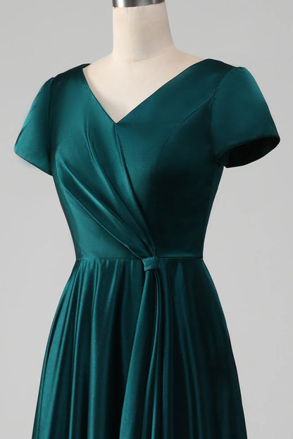 OKBBN V-neck A-line satin pleated bridal mother gown