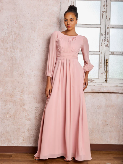 OKBBN boat collar long sleeved pleated A-line chiffon bridesmaid dress