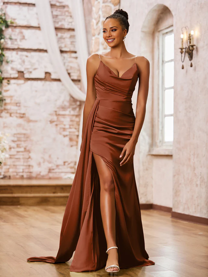 OKBBN tight slim shoulder strap soft satin sexy slit bridesmaid dress