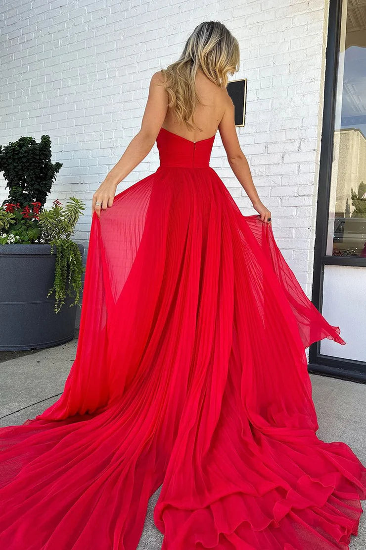 OKBBN A-line sweetheart pleated chiffon slit long ball dress