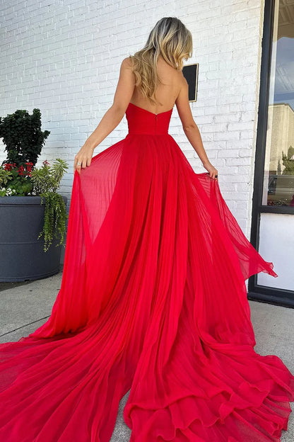 OKBBN A-line sweetheart pleated chiffon slit long ball dress